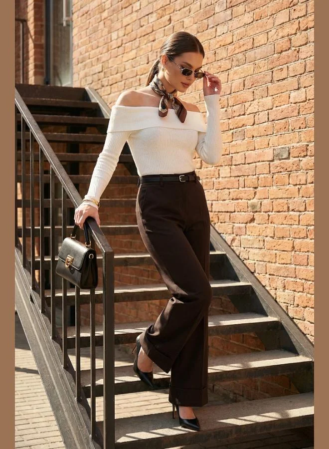 ليلا Lela Wide Leg High Waist Wide Leg Trousers with Rolled Detail and Belt, Women's Pants 6923841